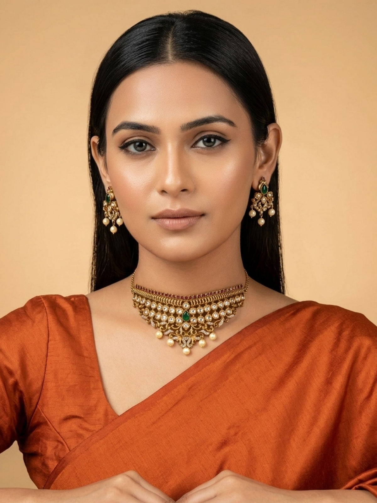 Antique 24K Gold Plated Choker Jewelery Set with Green Pink White CZ Studded Earrings