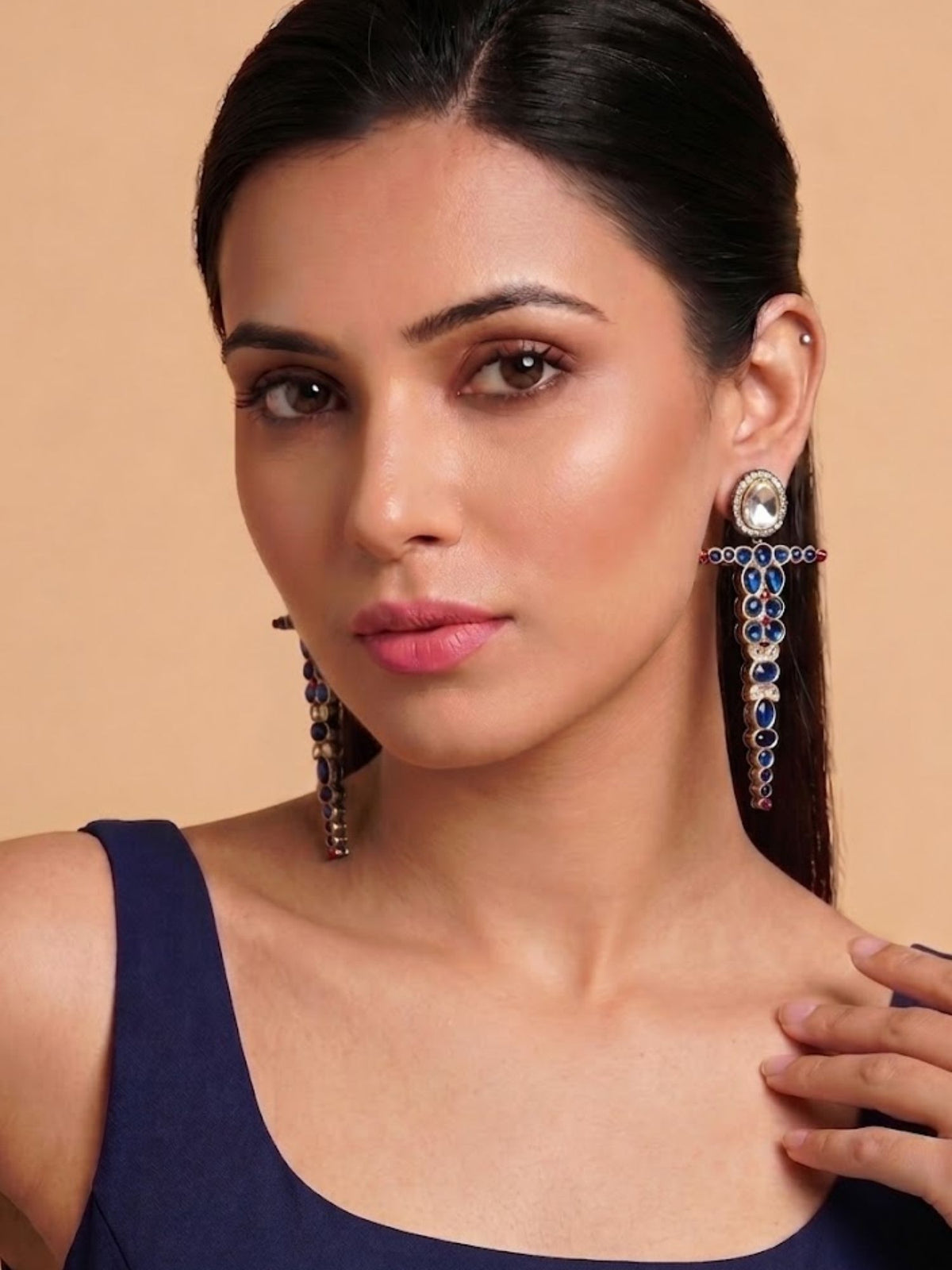 Royal Blue and Pink Kundan Studded Cross Designer Earring