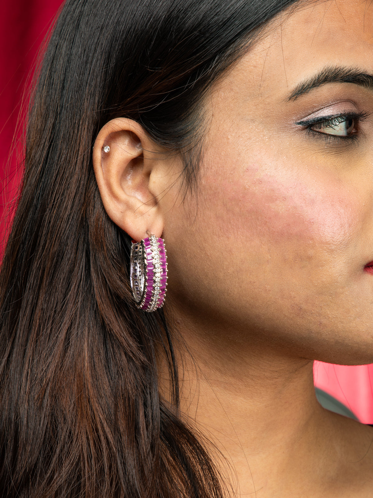 Silver Rhodium Round Hoop Earrings with Pink and White American Diamond Stones