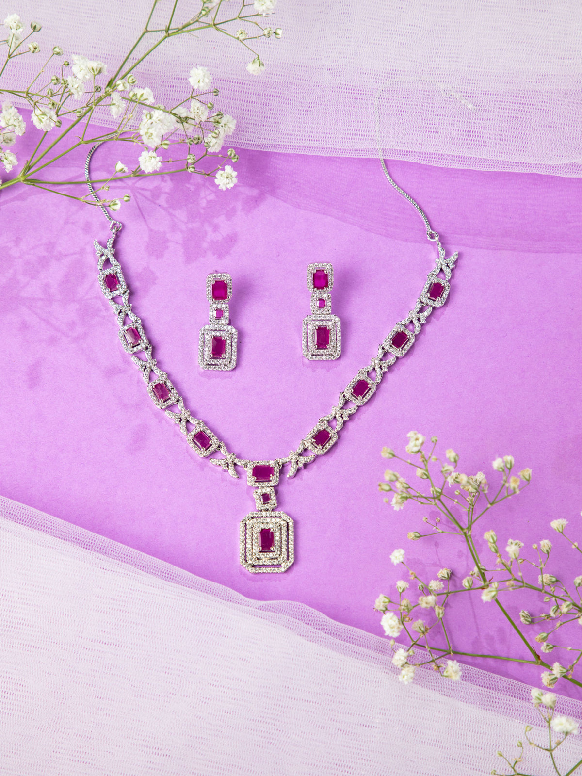 Silver Rhodium Plated Pink and White American Diamond Necklace Set with Earrings