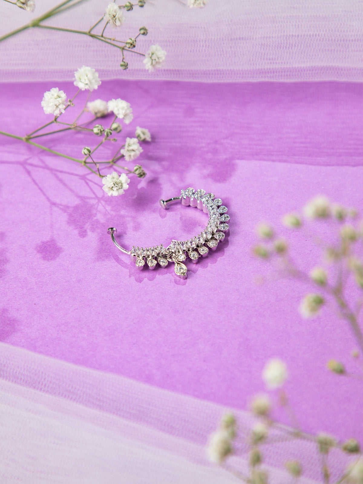 Rhodium Plated American Diamond Nath Nose Ring