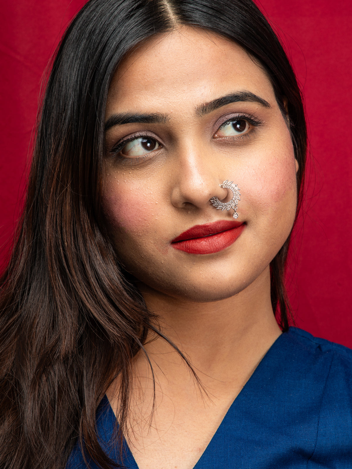 Rhodium Plated American Diamond Modern Nath Nose Ring