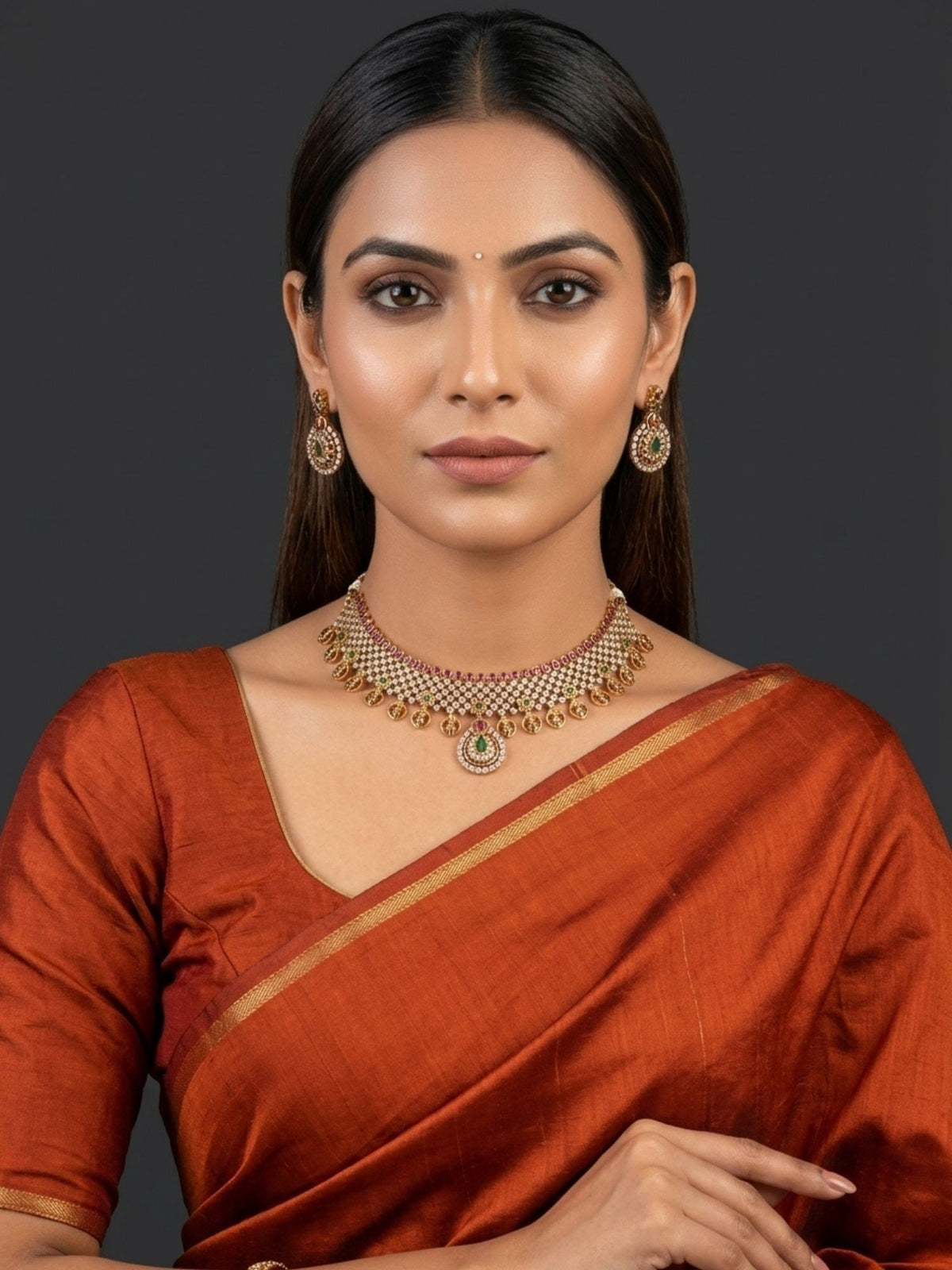24K Gold Plated Ruby Emerald CZ Chokar Necklace Set with Earrings