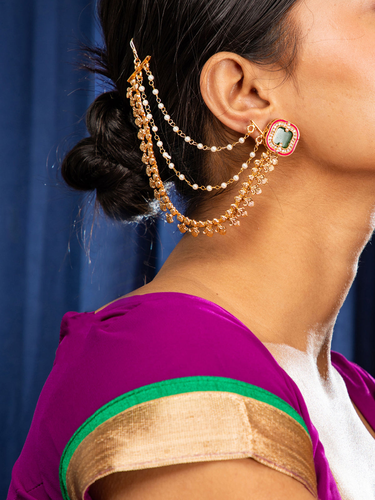 Regal Pearl Drop 24K Gold Ear Chain Set