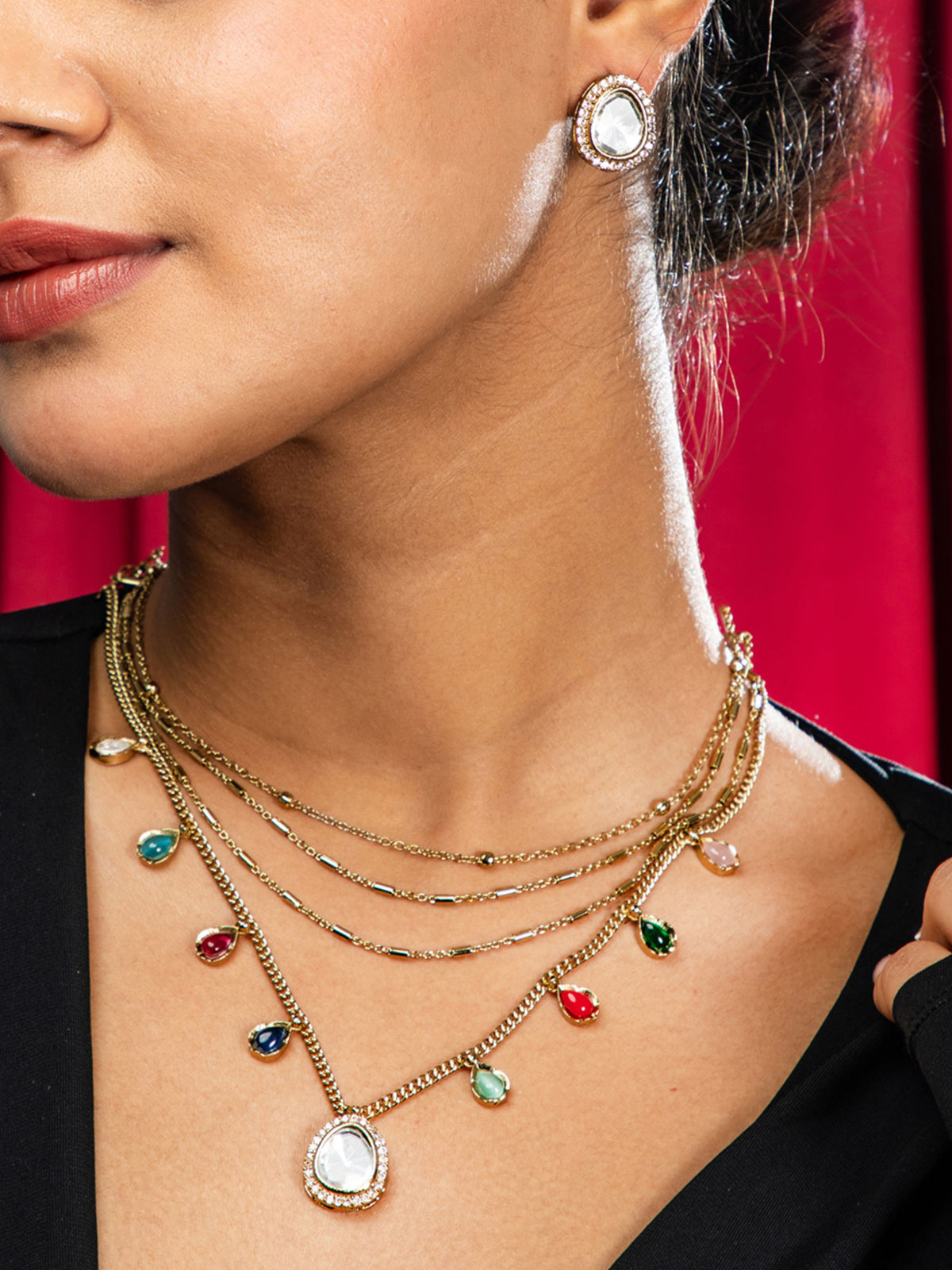 Gold Plated Triple Layered Chain Kundan Necklace Set with Earrings