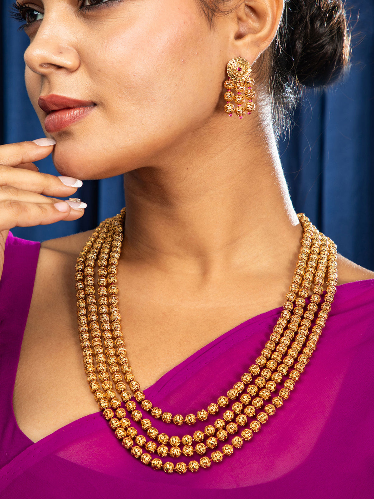 Antique Gold Bead Multi Chain Necklace with Earrings Set