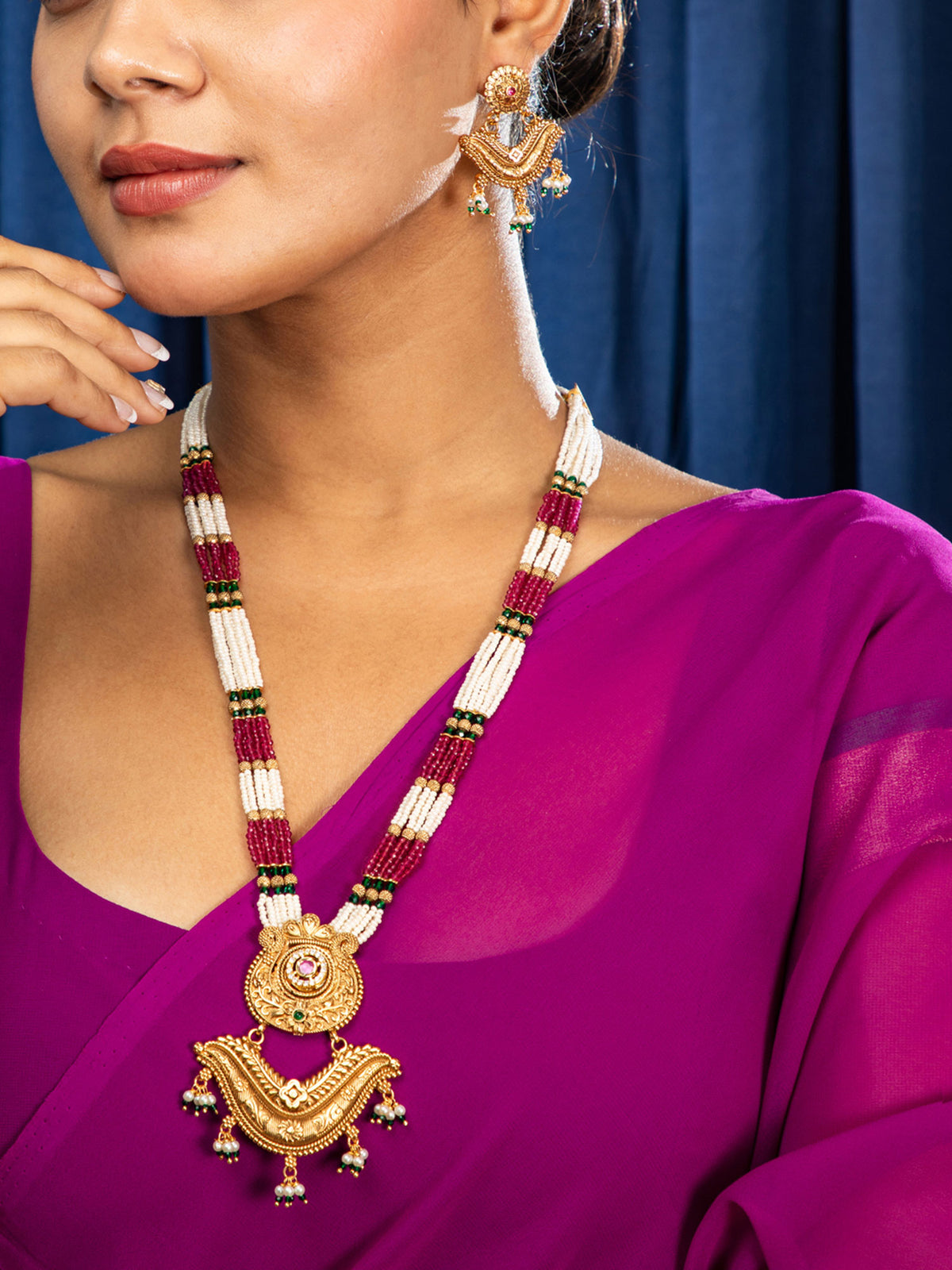 Antique Ruby Emerald Multi Layered Pearl chain Necklace with Earrings Set