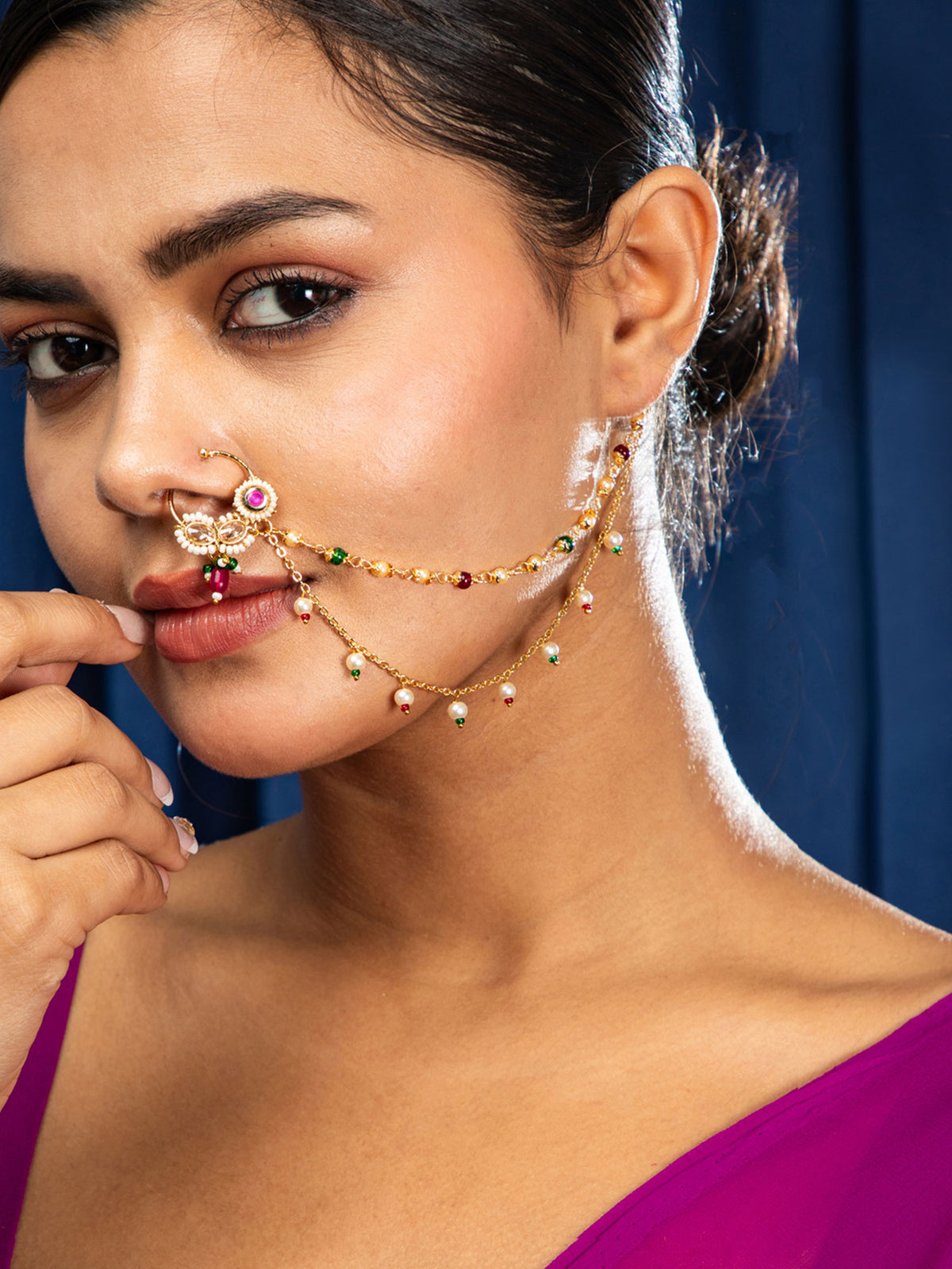 Traditional Marathi Nath with DoubleLayered Pearl and Stone Chains