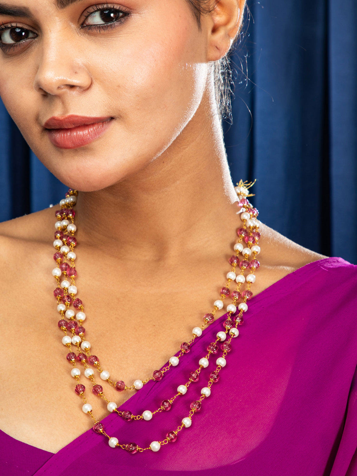 Blush Elegance Triple Layered Pink and White Pearl Necklace