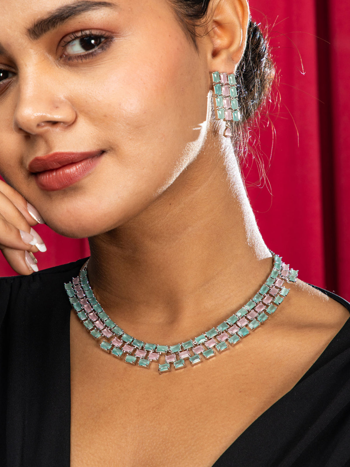 Enchanting Green and Pink American Diamond Necklace with Earrings