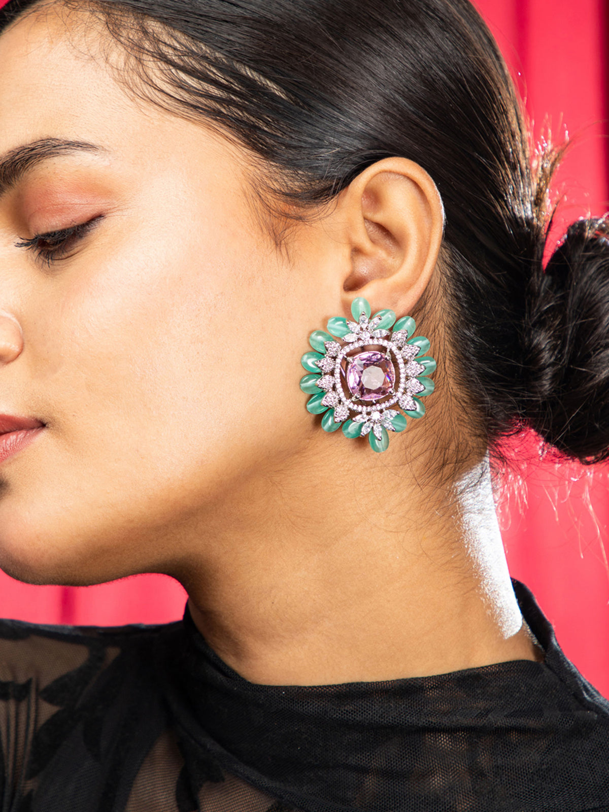 Blossom Glow Pink and Green American Diamond Earrings