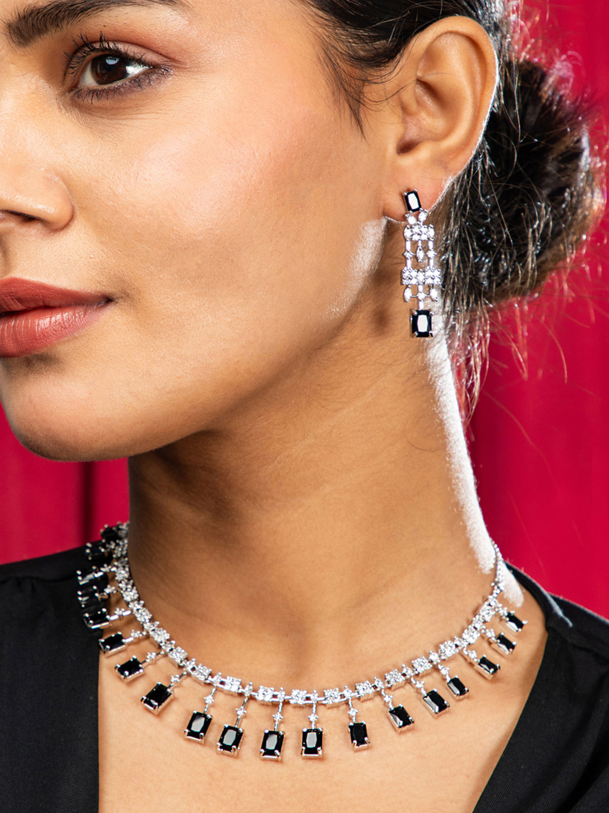 Black Elegance White AD Necklace with Earrrings