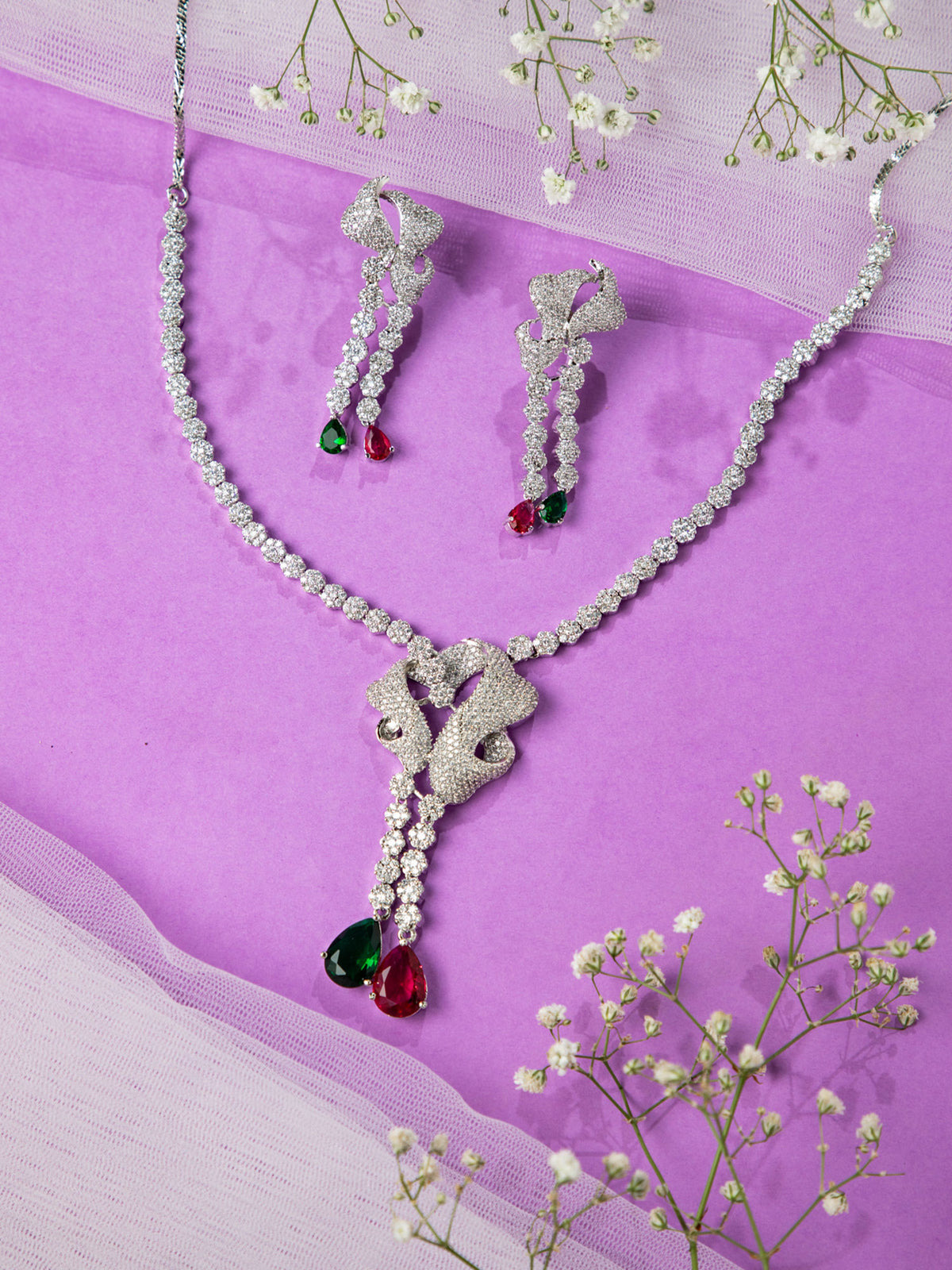 Silver Rhodium Plated Pink Green and White AD Necklace Set with Earrings