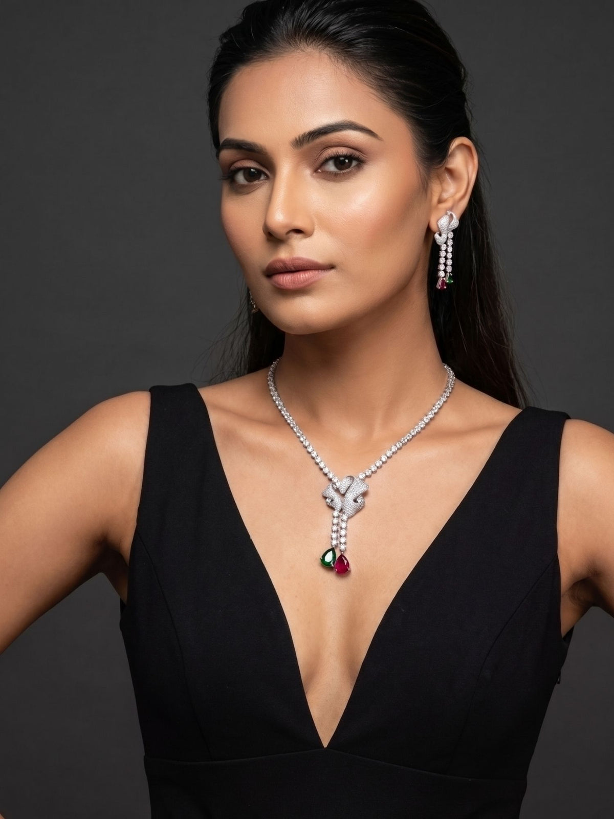 Silver Rhodium Plated Pink Green and White AD Necklace Set with Earrings