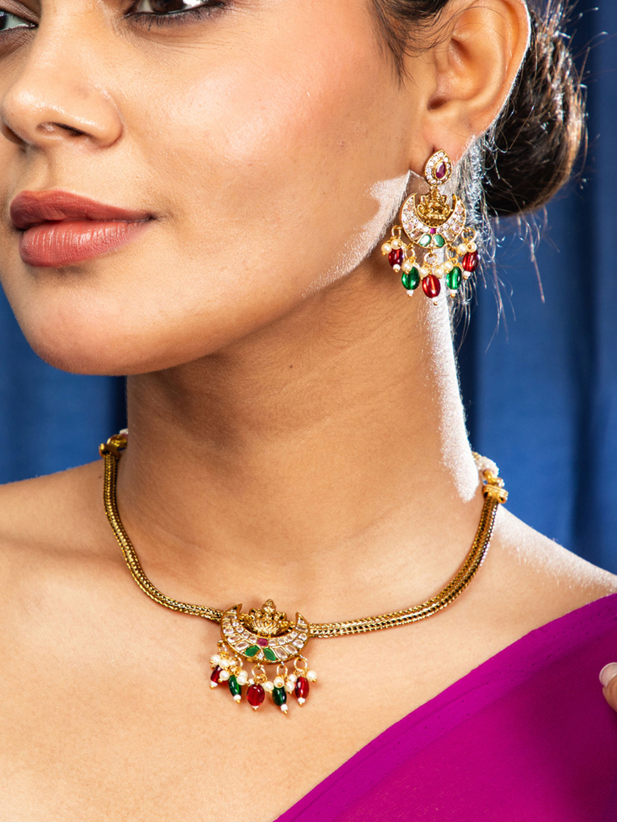 24K Gold Plated Divine Grace Lakshmi Temple Necklace with Earrings