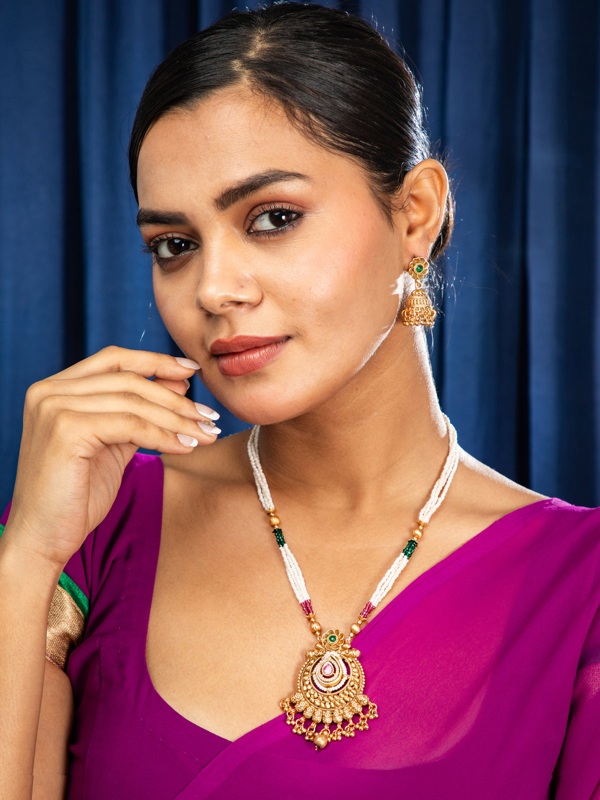 24K Gold Plated Red and Green Pearl Necklace Set with Earrings