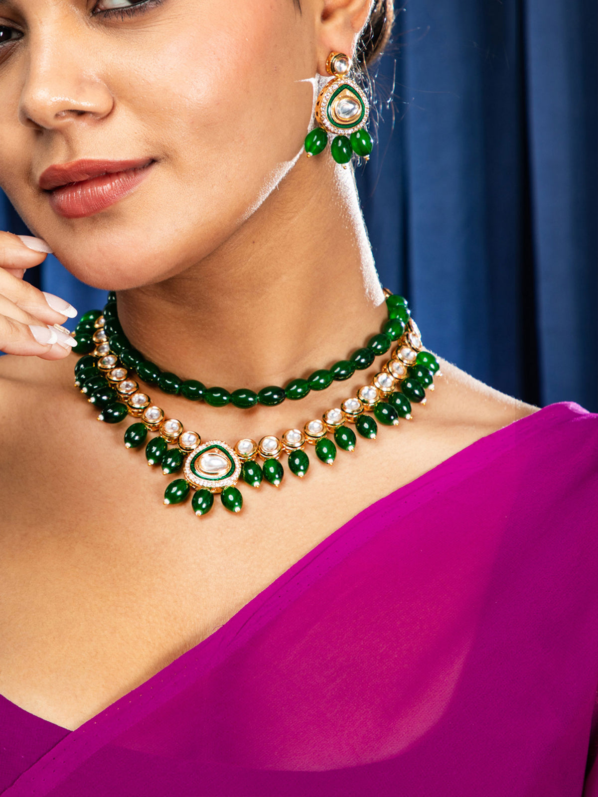 Green Beads and Kundan Gold Plated Necklace Set with Earrings