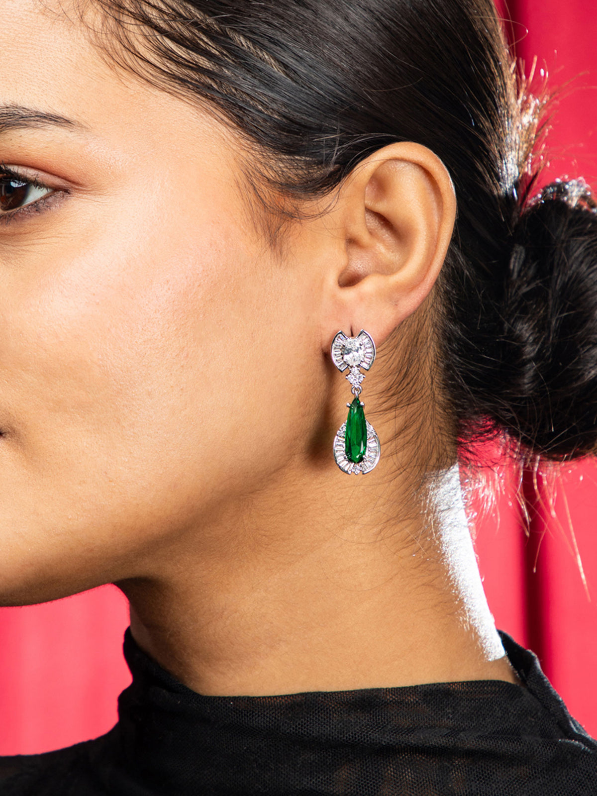 Rhodium Plated Green and White AD Water Drop Earrings