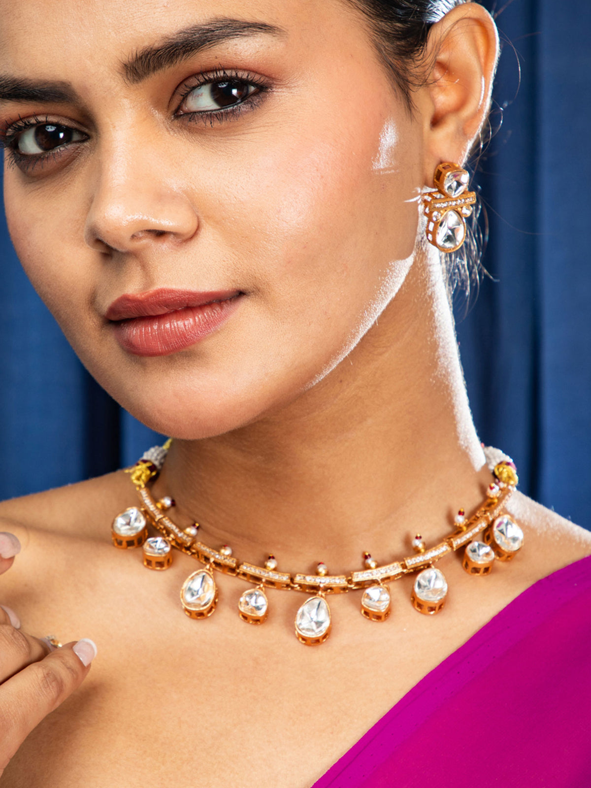Matte Gold Plated Kundan White CZ and Pearl Necklace Set with Earrings