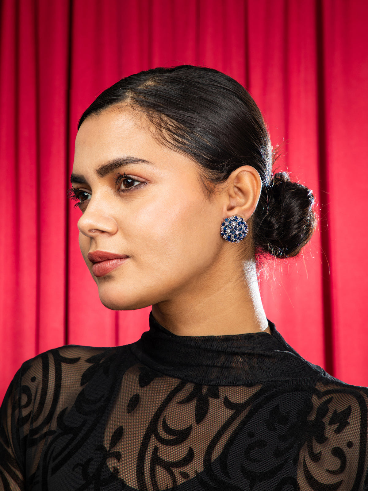 Royal Blue Floral Sparkle American Diamond Earrings