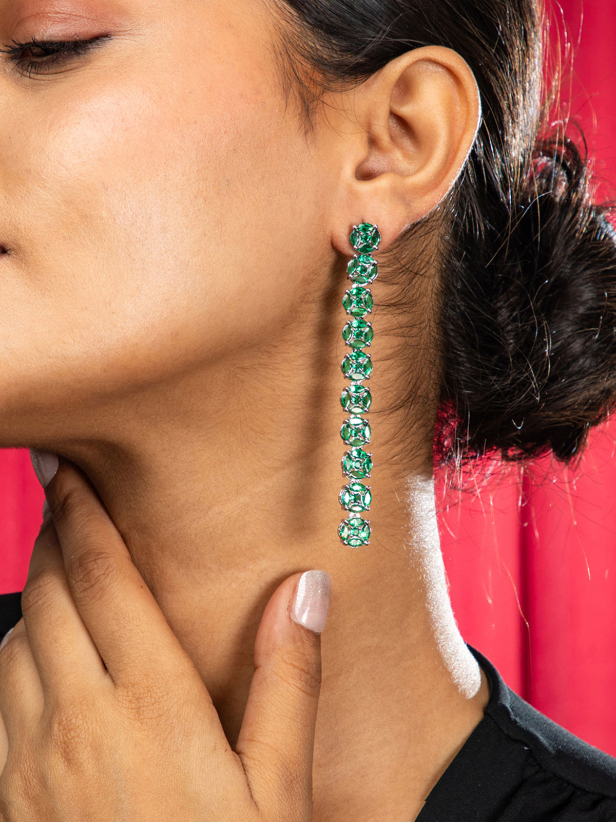 Rhodium Plated Green Stone Long Earrings