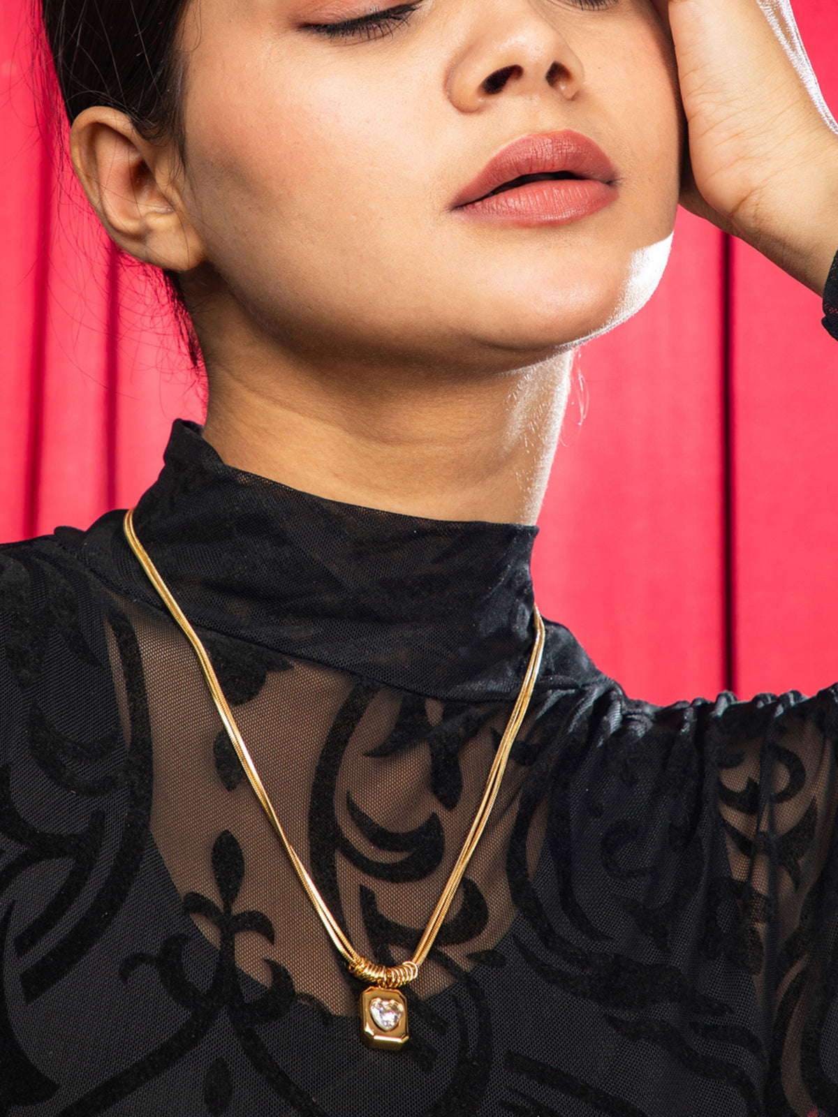 Gold Plated Double Chain Necklace with Heart Shaped AD Pendant