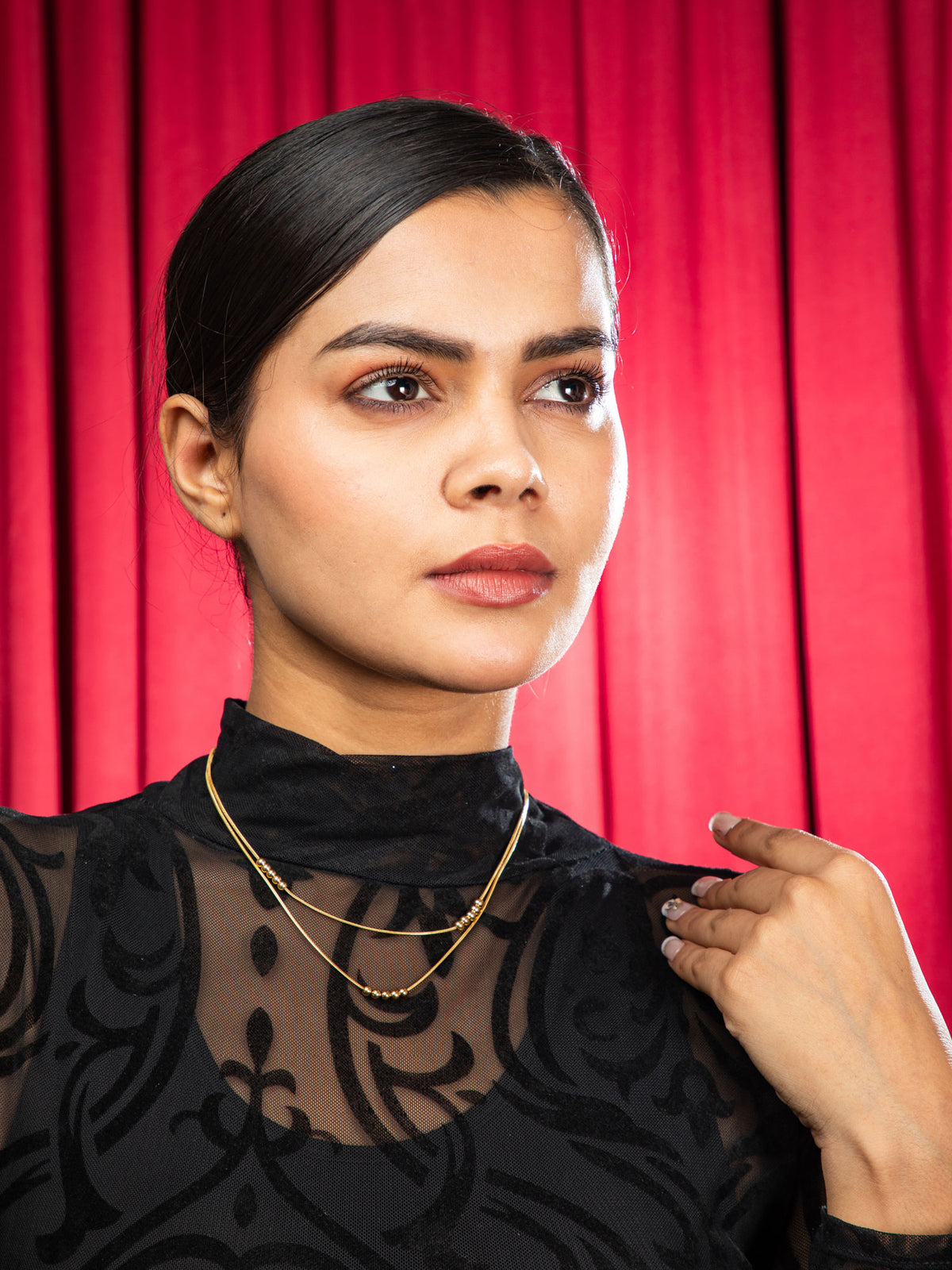 Gold Plated Double-Layered Beaded Chain Necklace