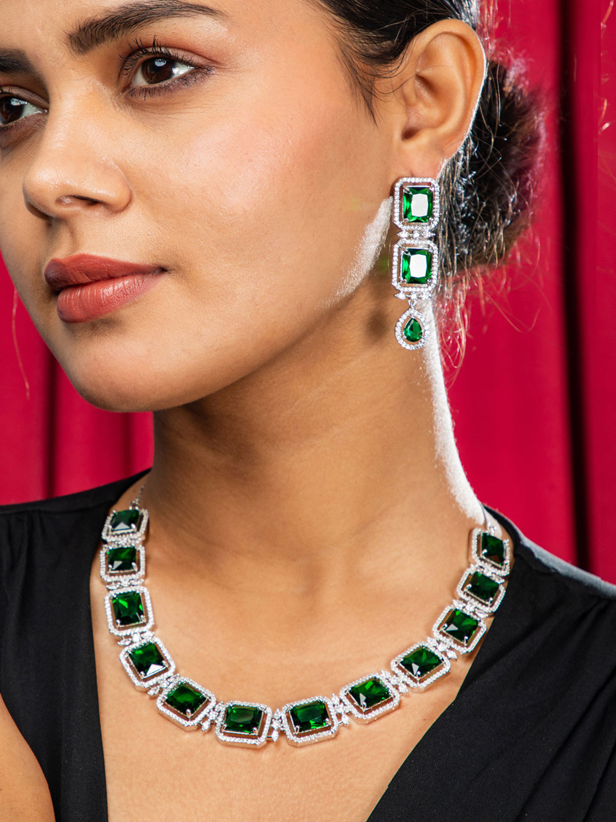 Rhodium-Plated Green Emerald and White AD Necklace Set with Long Earrings