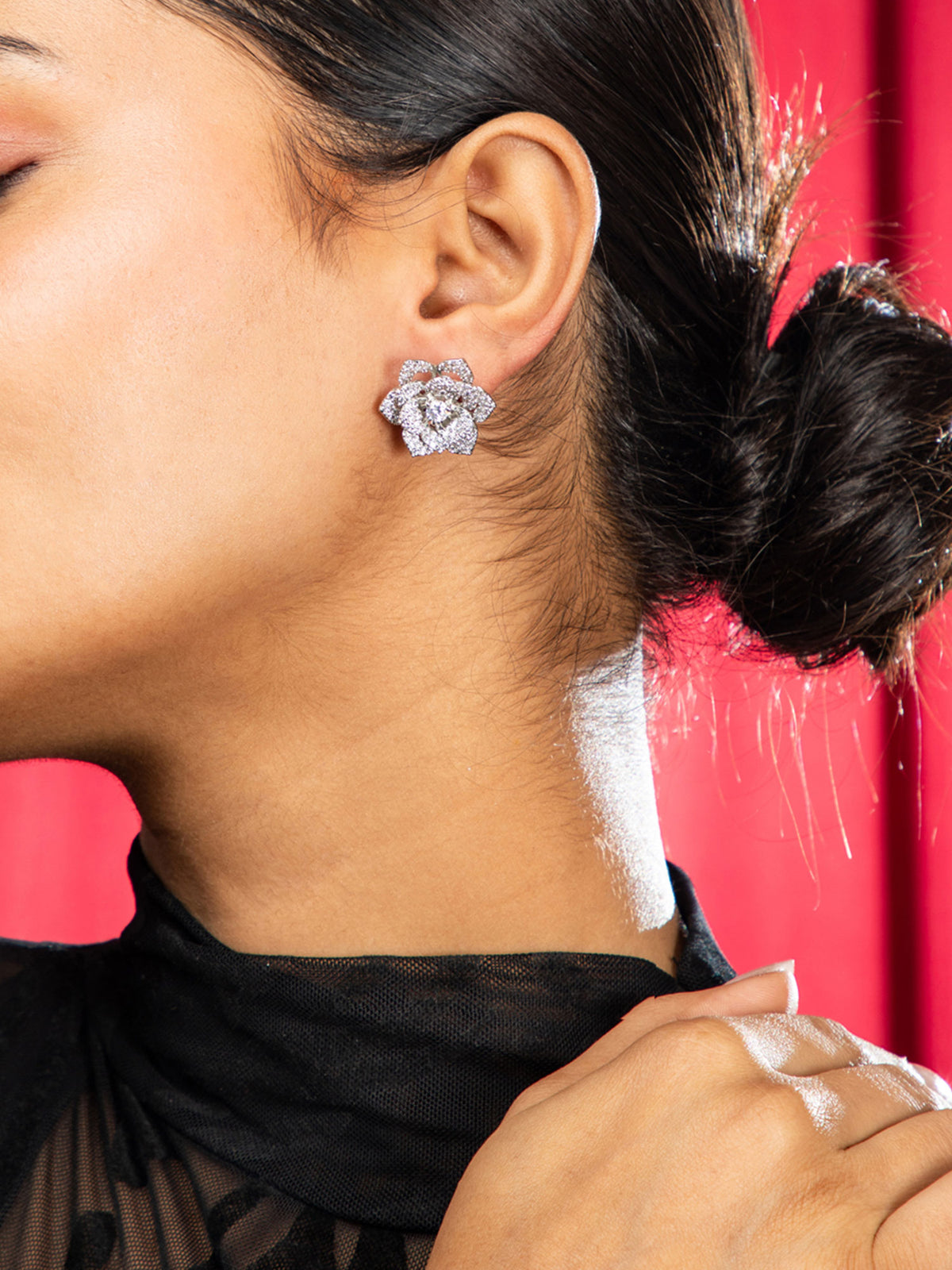 Floral Sparkle Rhodium American Diamond Earrings