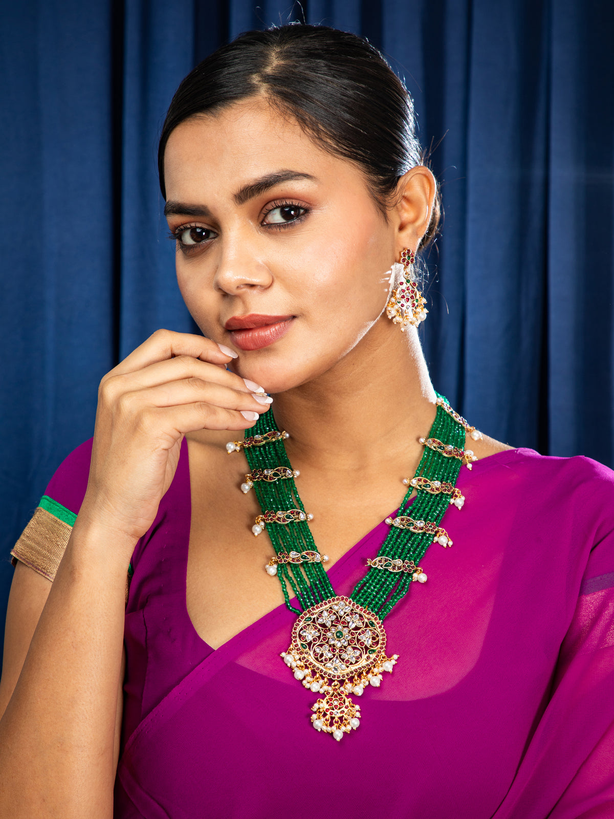 Gold Plated Multilayered Green Beads Necklace and Earrings set with Multicolor Stones and Faux Pearls