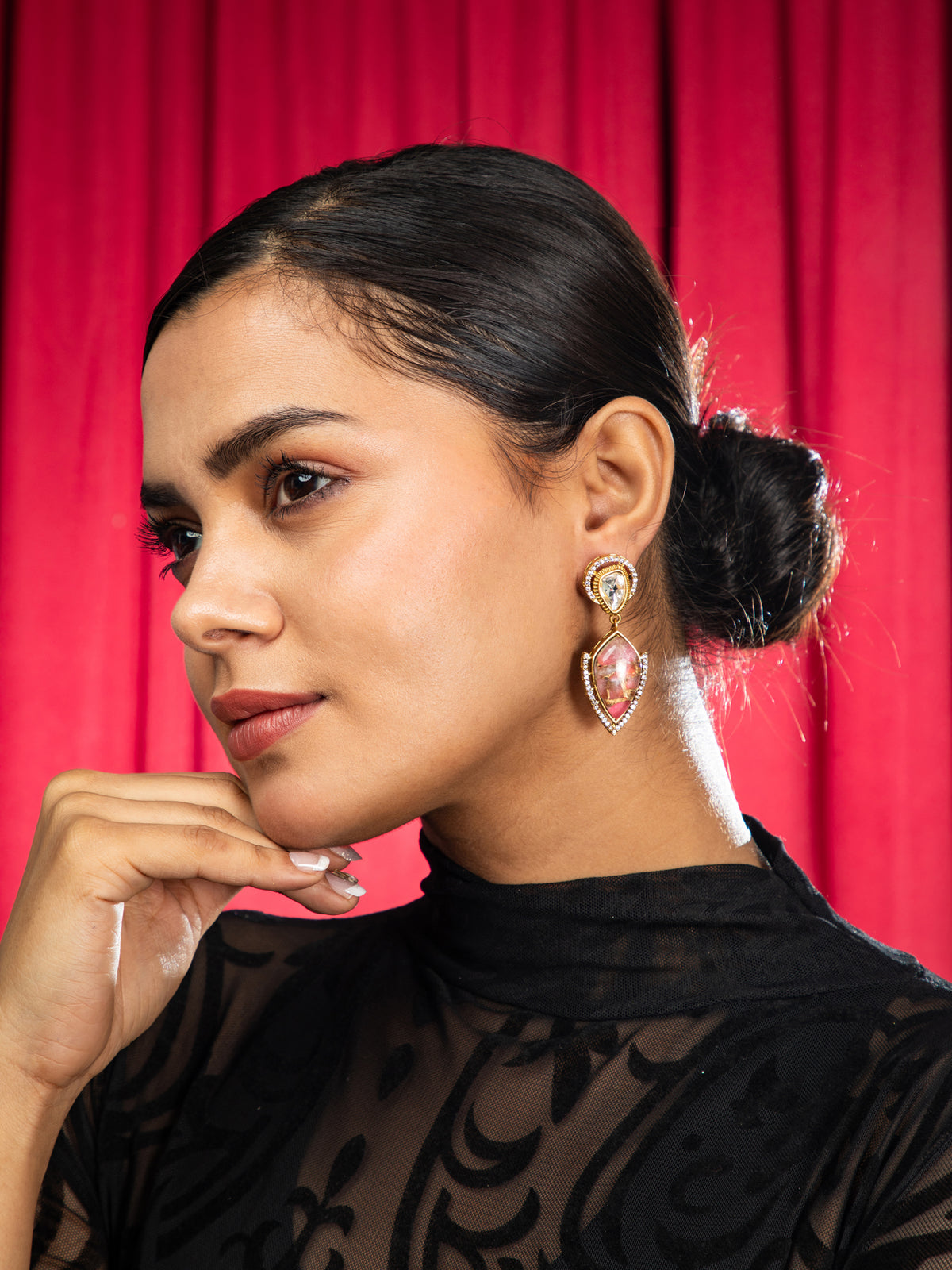 Radiant Kundan Pink Gold Resin Art Earrings