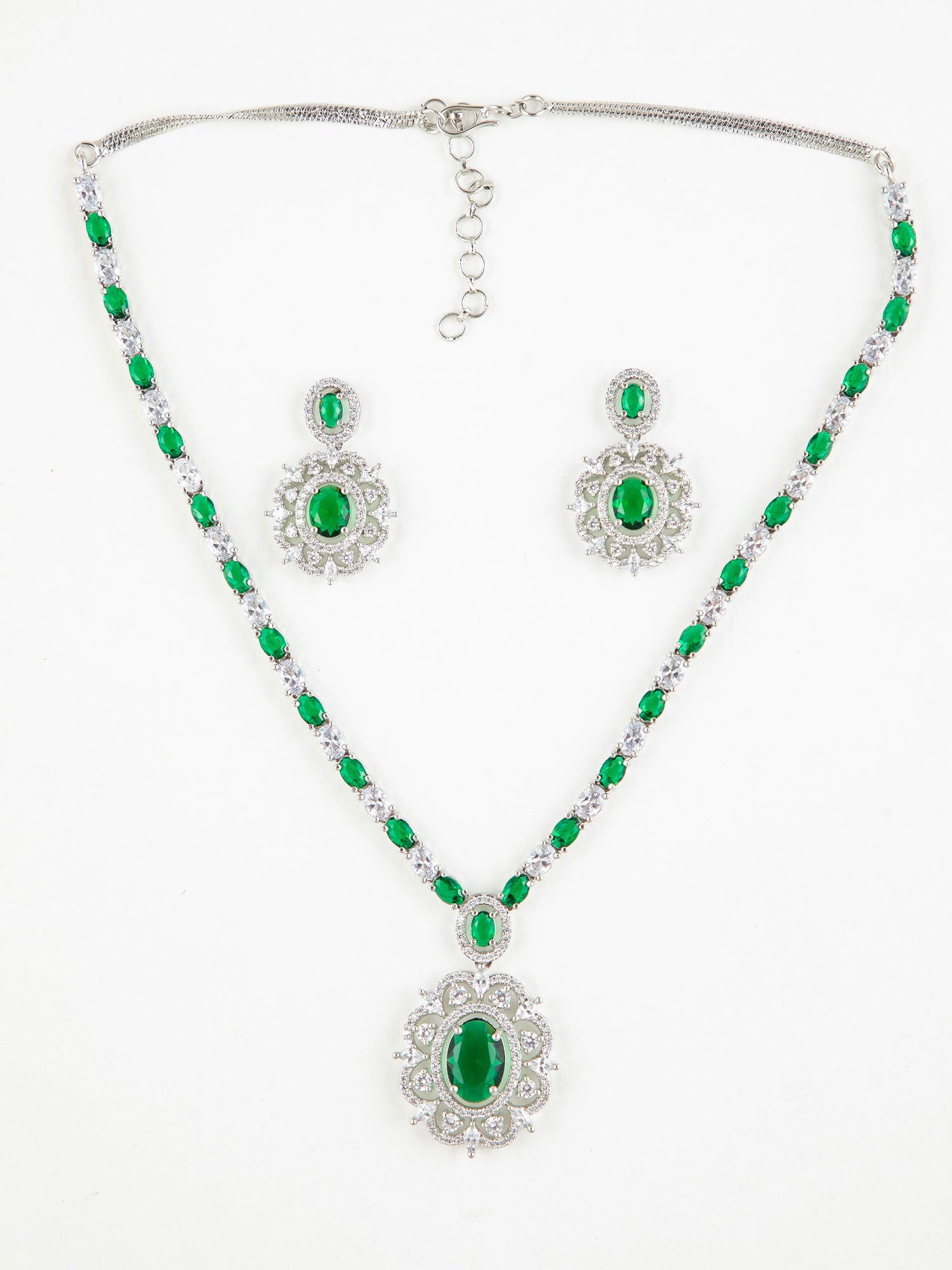 Trendy pendant set design for women, green crystal necklace with matching earrings.