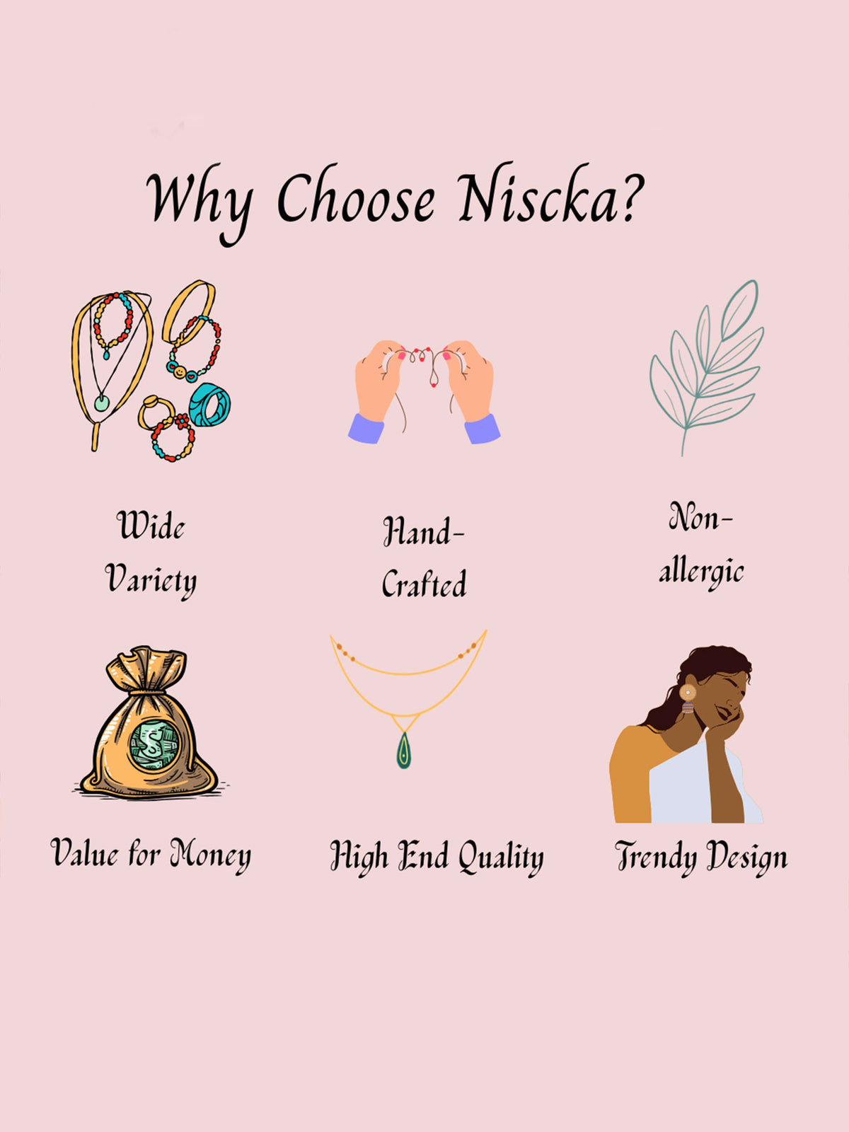 Promotional graphic for Niscka jewelry with illustrations of jewelry and text on a pink background.
