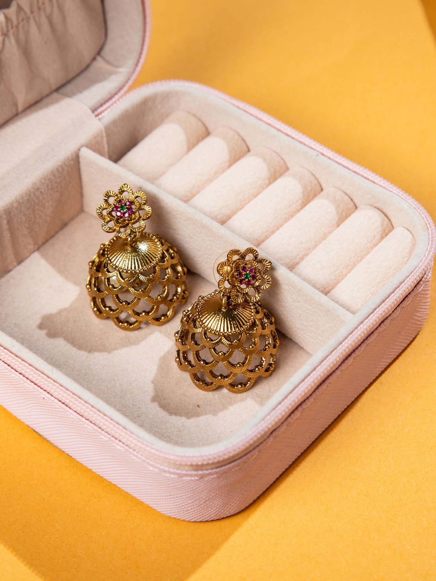 Wedding jewelry gold plated jhumka earrings with floral detailing