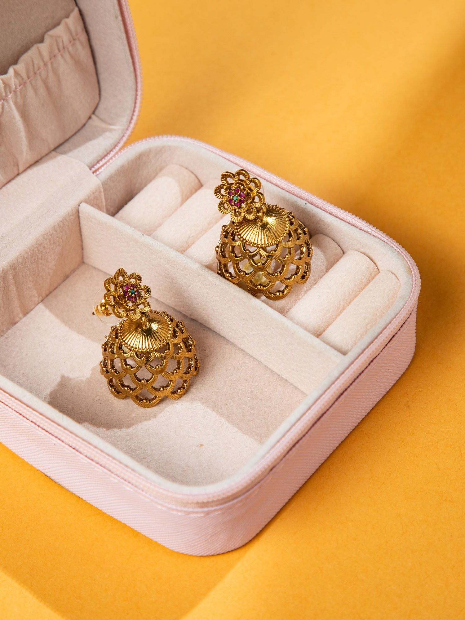 Bridal gold plated jhumka earrings with pearl hanging