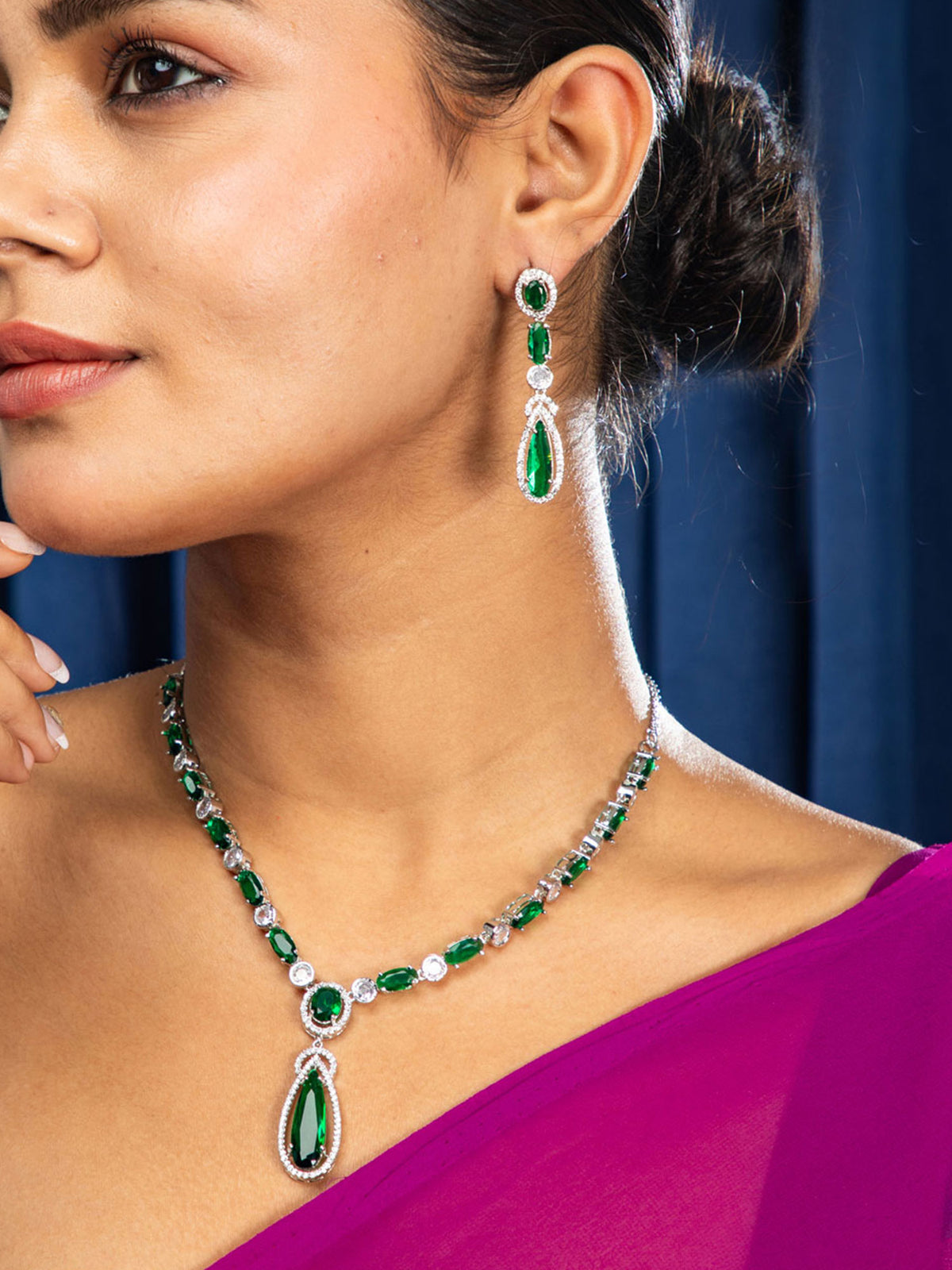 Emerald Teardrop Rhodium Necklace Set