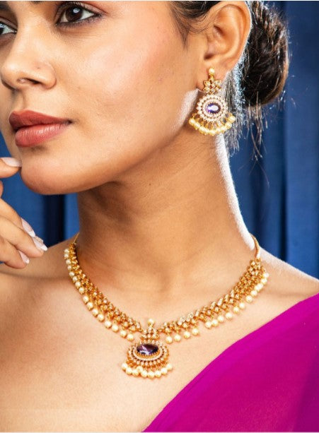 24K Gold Purple White Zircon Ethnic Necklace with Earring