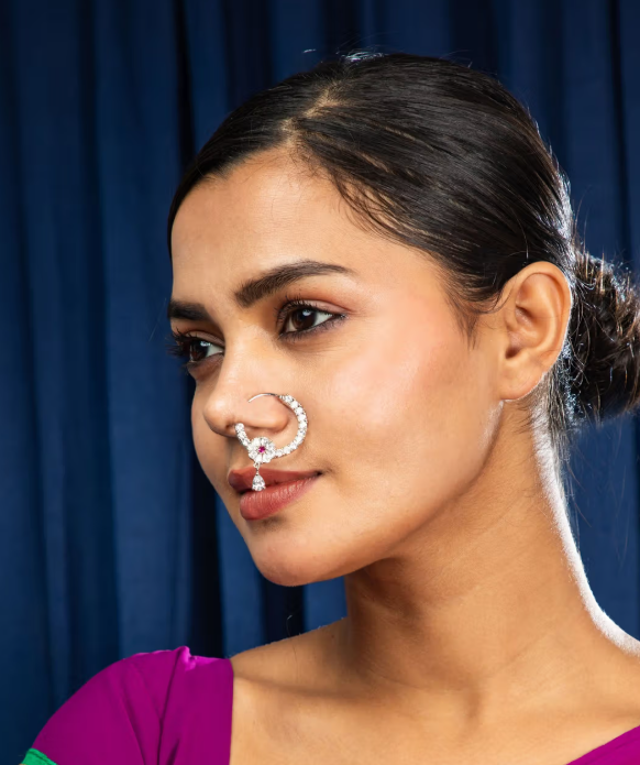 Ethnic Silver Plated White Pink Ad Nose Ring