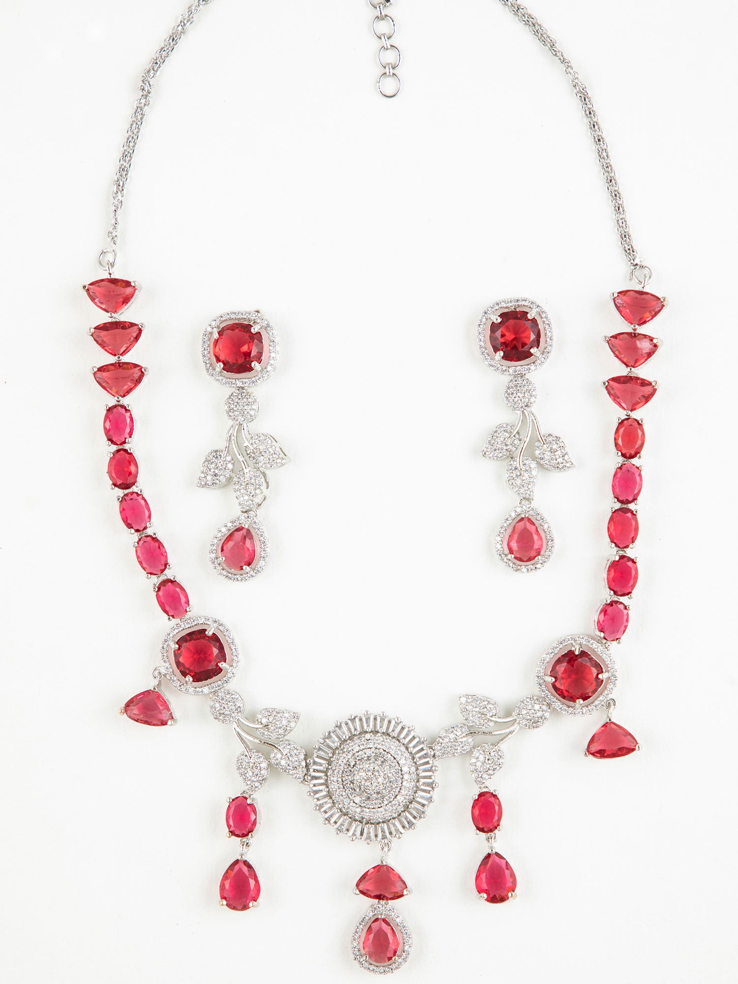 Modern red stone necklace set with elegant silver finish
