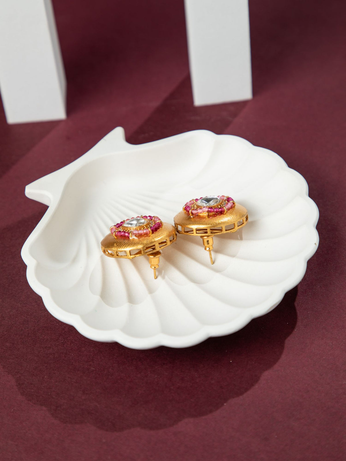 Matte Gold Round Earrings with White Kundan, CZ Stones and Pink Beads