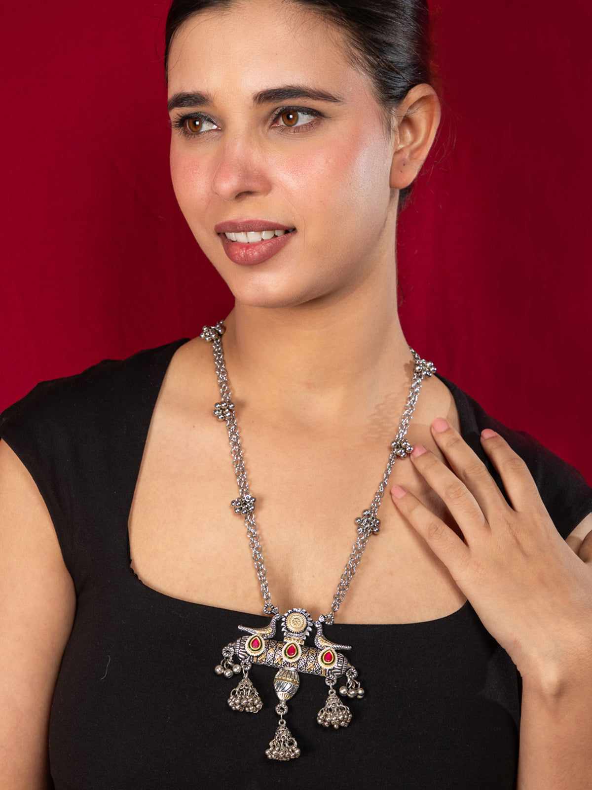 Oxidised Peacock Pendant Long Necklace with Red Stones, White Pearls and Dangling Jhumkas