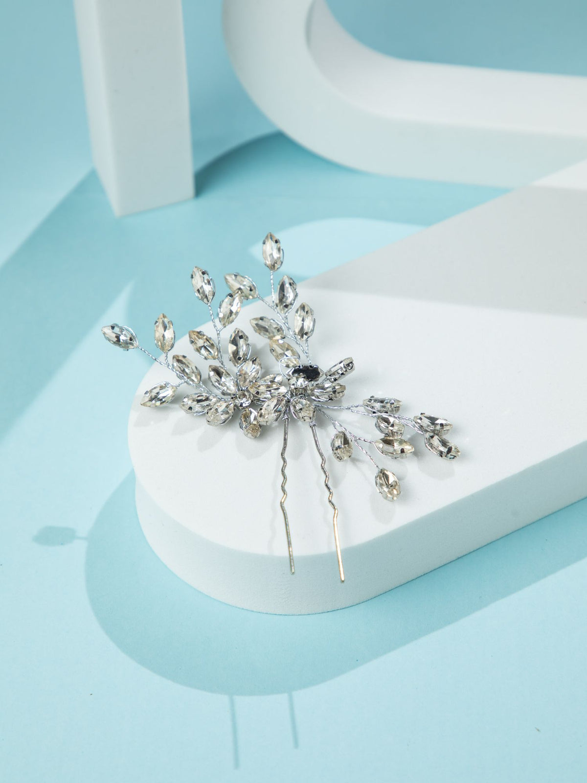 Rhodium Plated Flower Design Hairpin with Sparkling White Stones