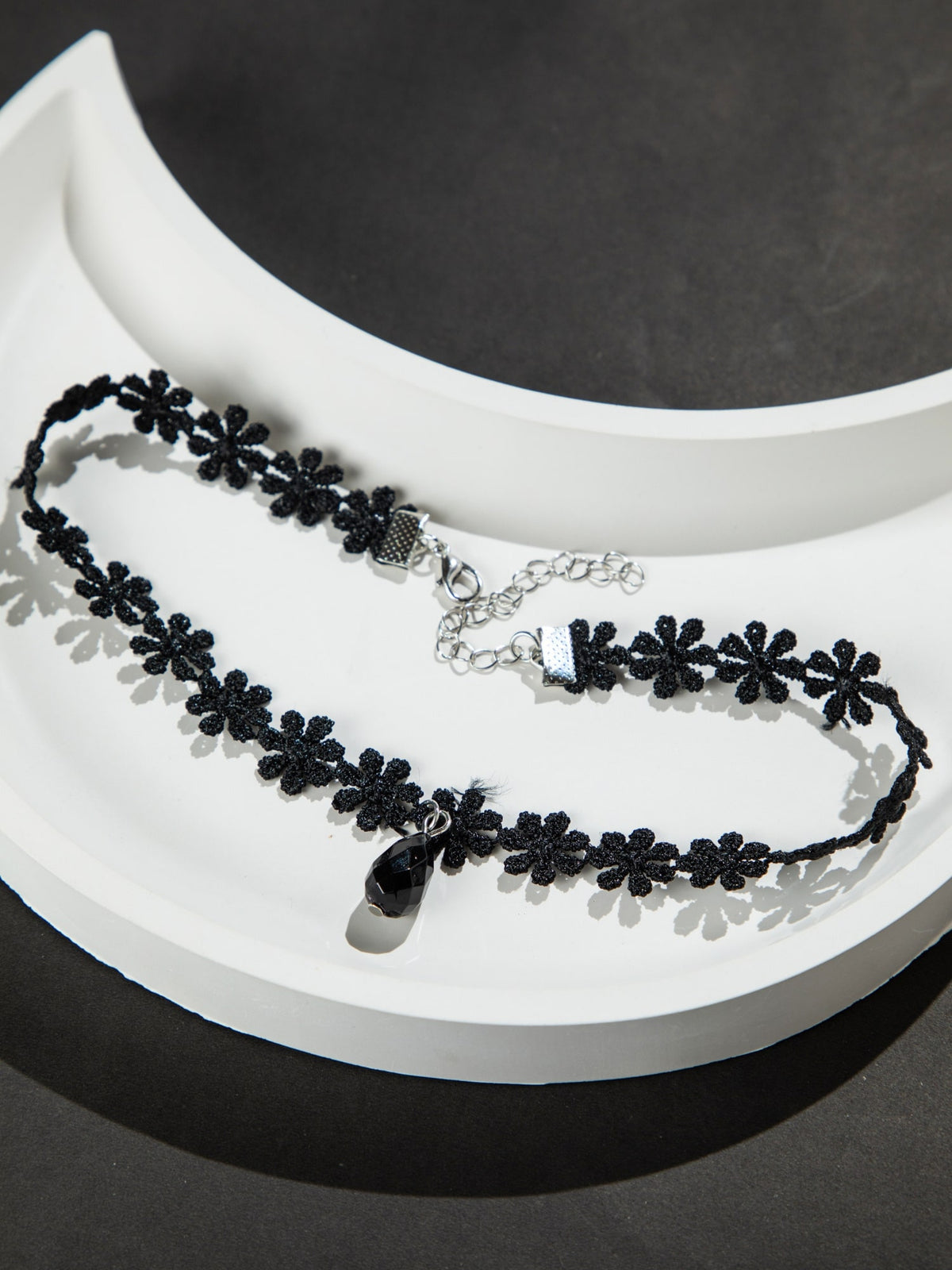 Black Cotton Floral Necklace with Black Stone Pendant