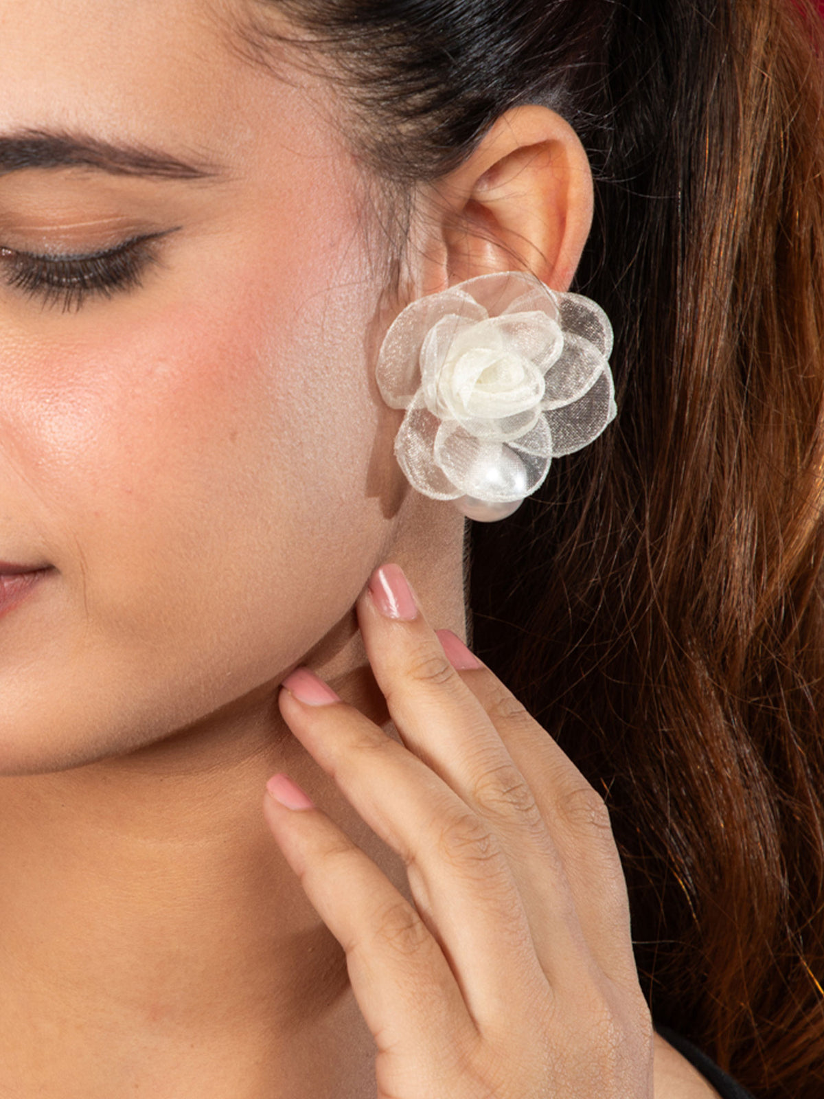 White Floral Cloth Earrings with Faux Pearl Drop