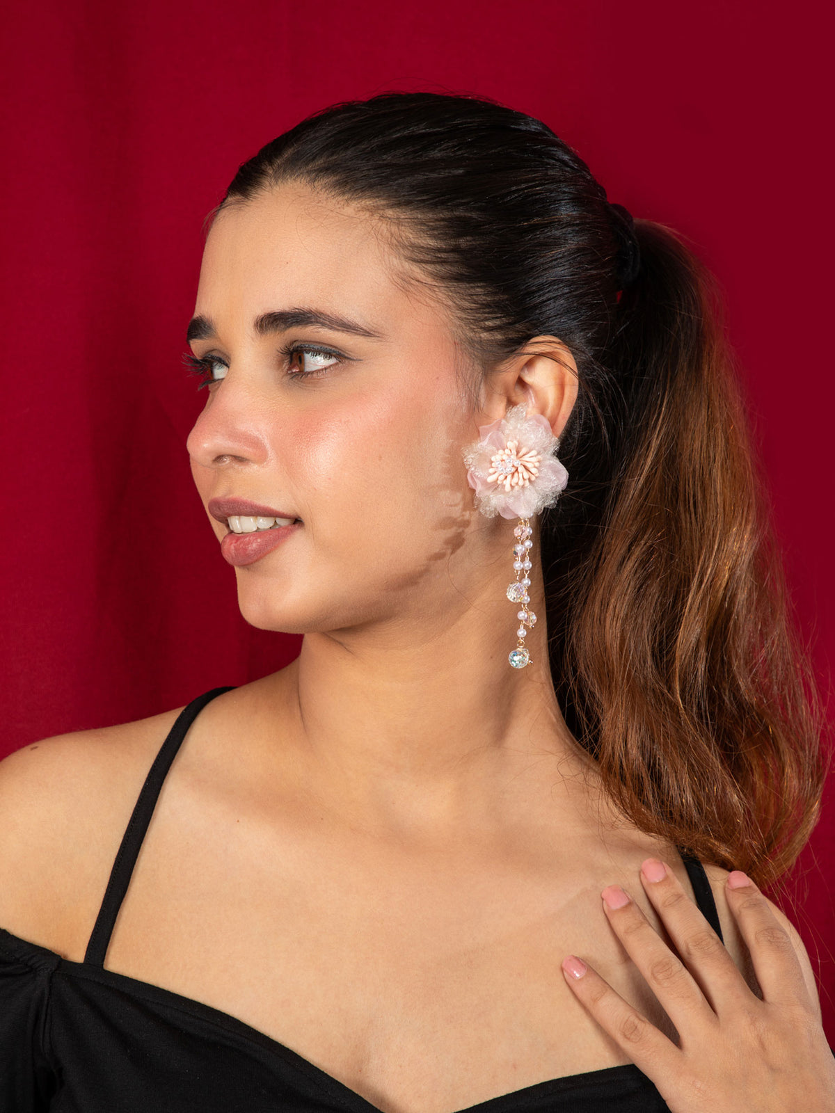 Pink Floral Long Earrings with Faux Pearls and Translucent Stones