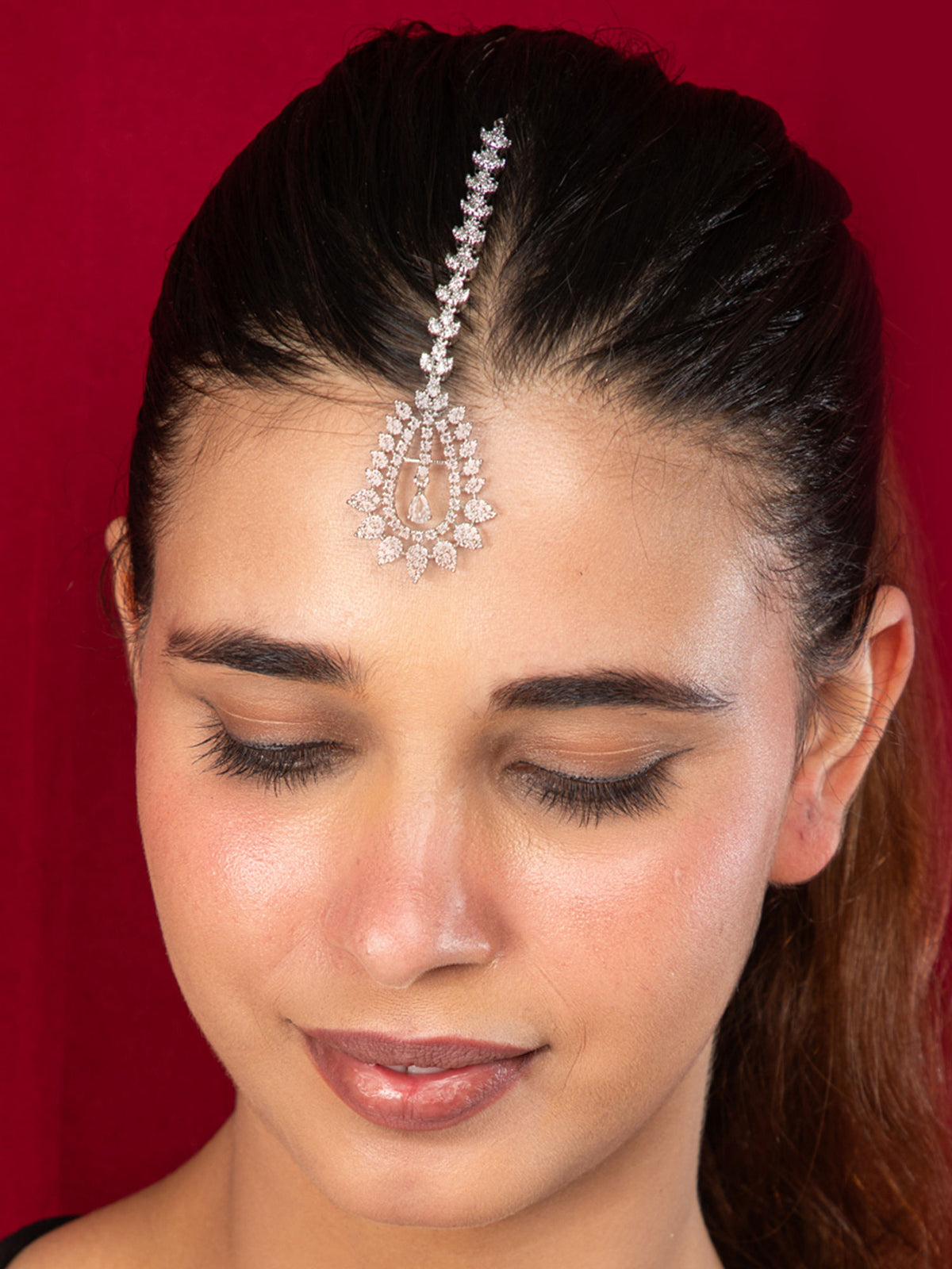 Rhodium Plated White American Diamond Maang Tika