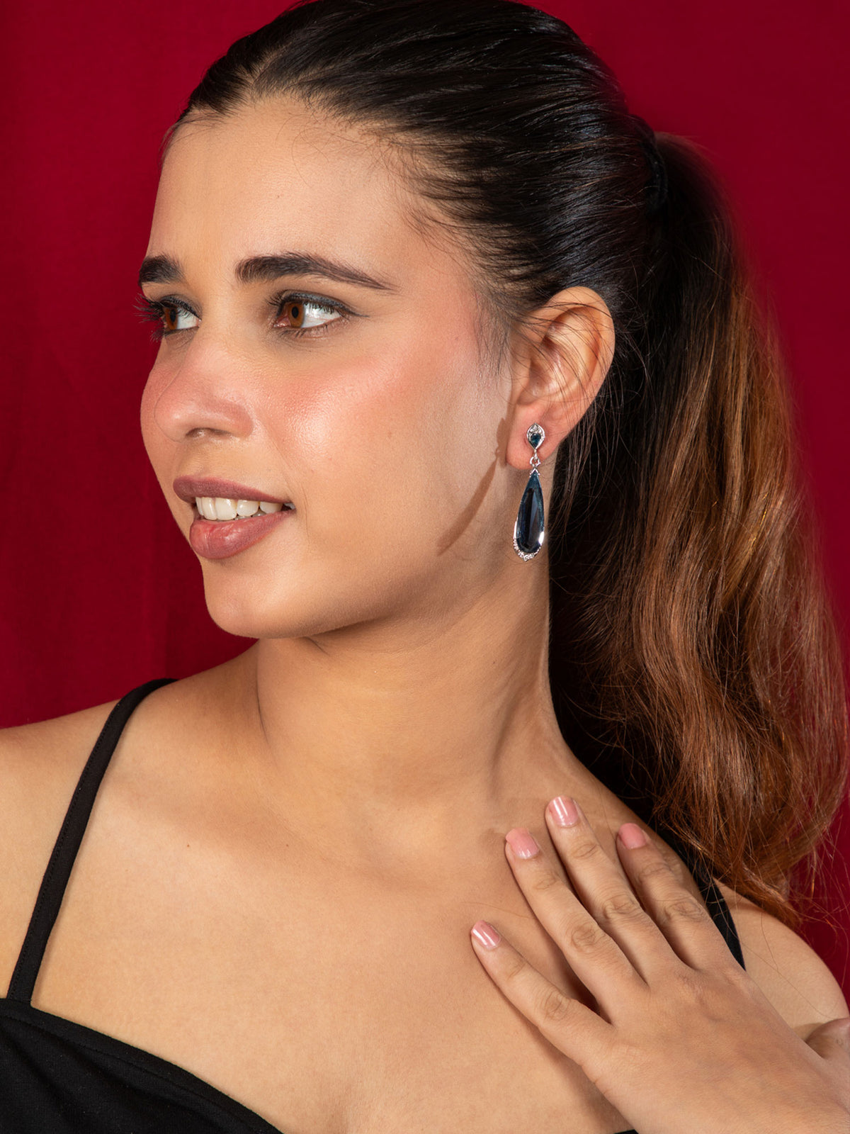 Rhodium Plated Black American Diamond Earrings