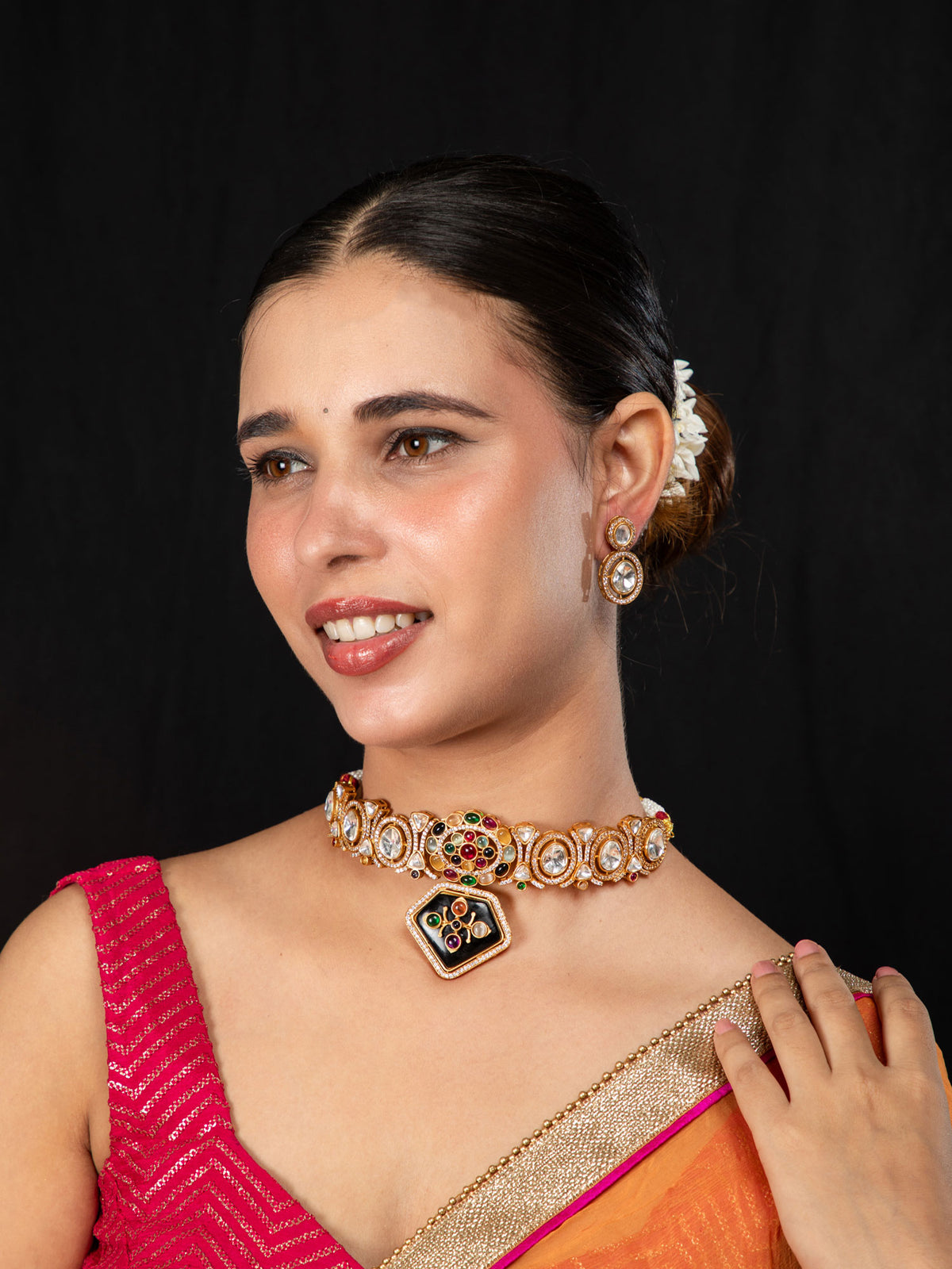 Matte Gold Plated Choker Necklace and Earrings Set with Kundan, White CZ and Multicolor Stones
