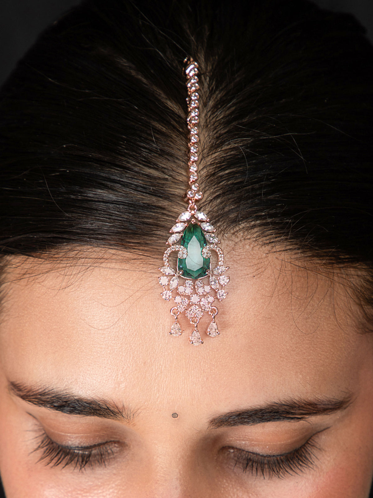 Rose Gold Plated American Diamond Maang Tika with White and Green Stone