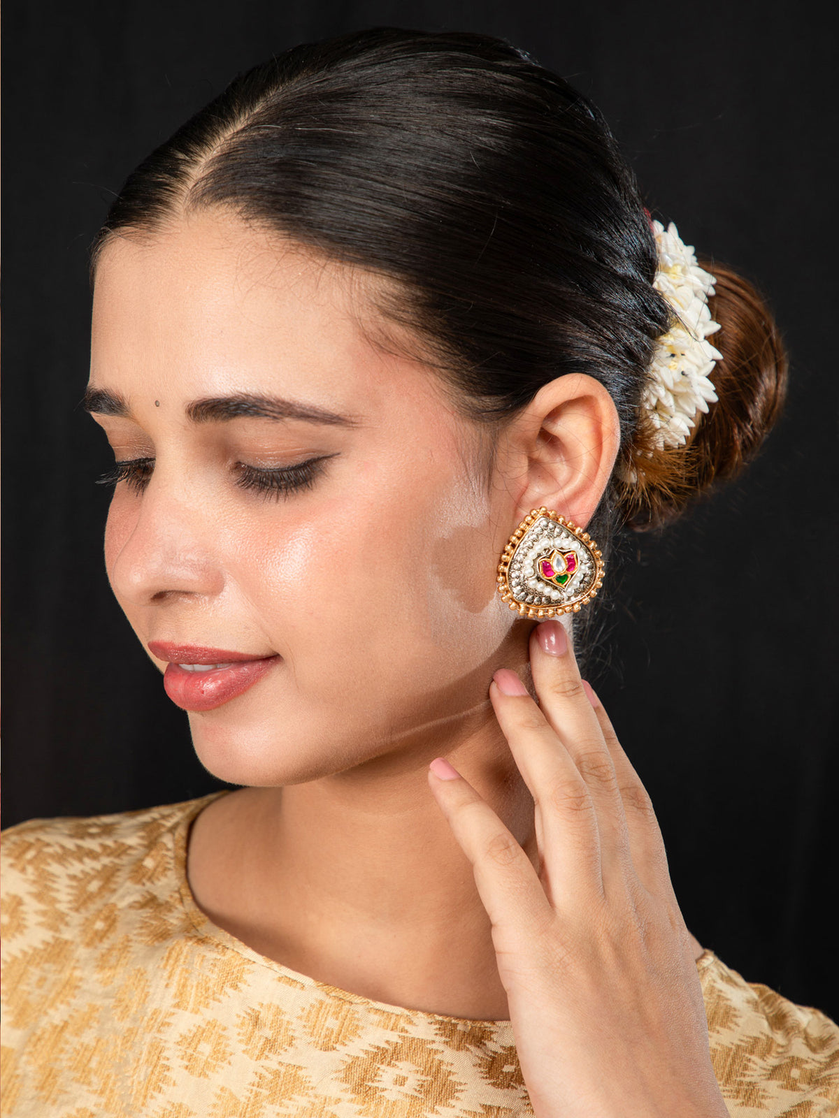 Dual Tone Gold and Silver Plated Triangular Earrings with Lotus Design and Kundan Stones